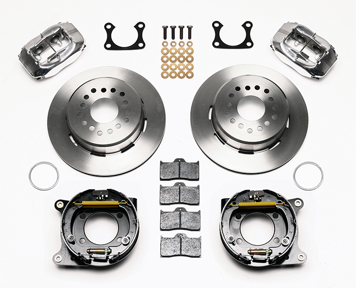 Wilwood Forged Dynalite Rear Parking Brake Kit Parts Laid Out - Polish Caliper - Plain Face Rotor