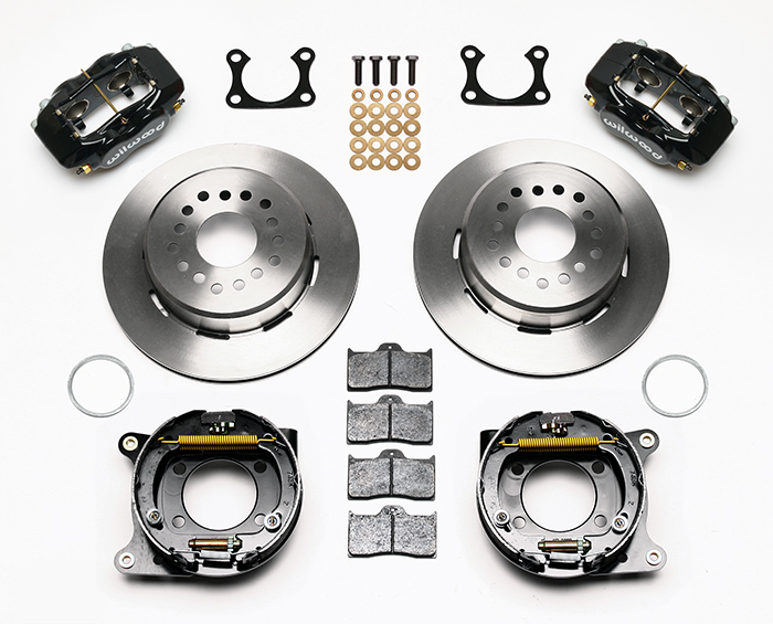 Wilwood Forged Dynalite Rear Parking Brake Kit Parts Laid Out - Black Powder Coat Caliper - Plain Face Rotor