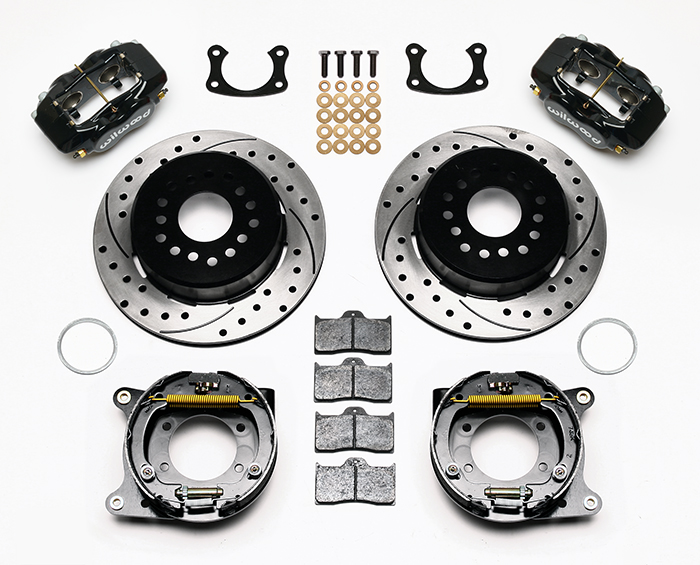 Wilwood Forged Dynalite Rear Parking Brake Kit Parts Laid Out - Black Powder Coat Caliper - SRP Drilled & Slotted Rotor