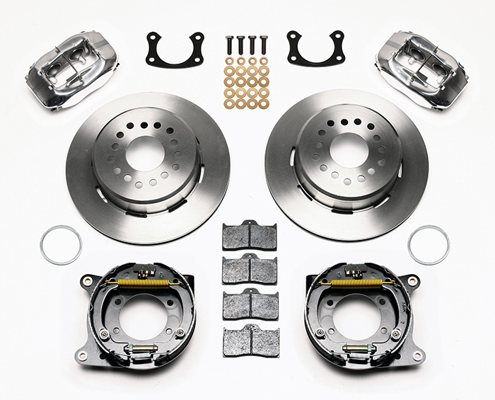 Wilwood Forged Dynalite Rear Parking Brake Kit Parts Laid Out - Polish Caliper - Plain Face Rotor