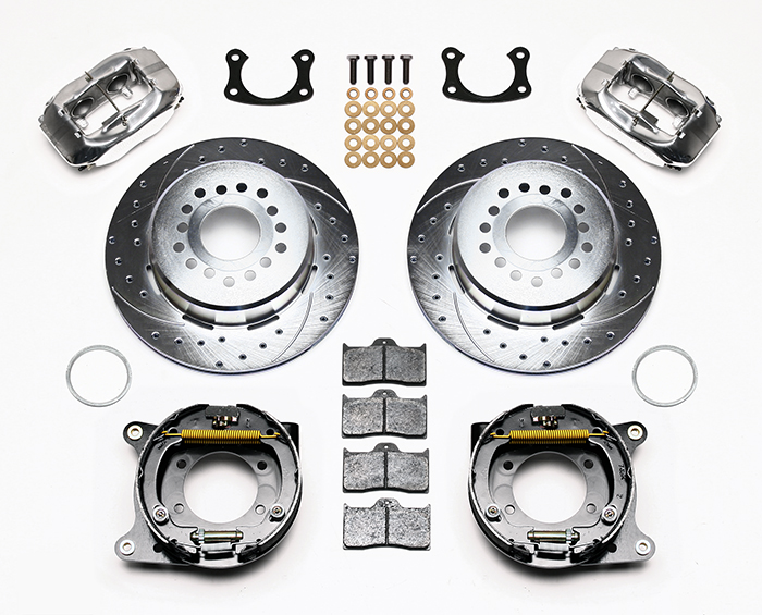 Wilwood Forged Dynalite Rear Parking Brake Kit Parts Laid Out - Polish Caliper - SRP Drilled & Slotted Rotor