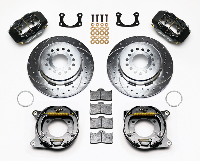 Wilwood Forged Dynalite Rear Parking Brake Kit Parts Laid Out - Black Powder Coat Caliper - SRP Drilled & Slotted Rotor