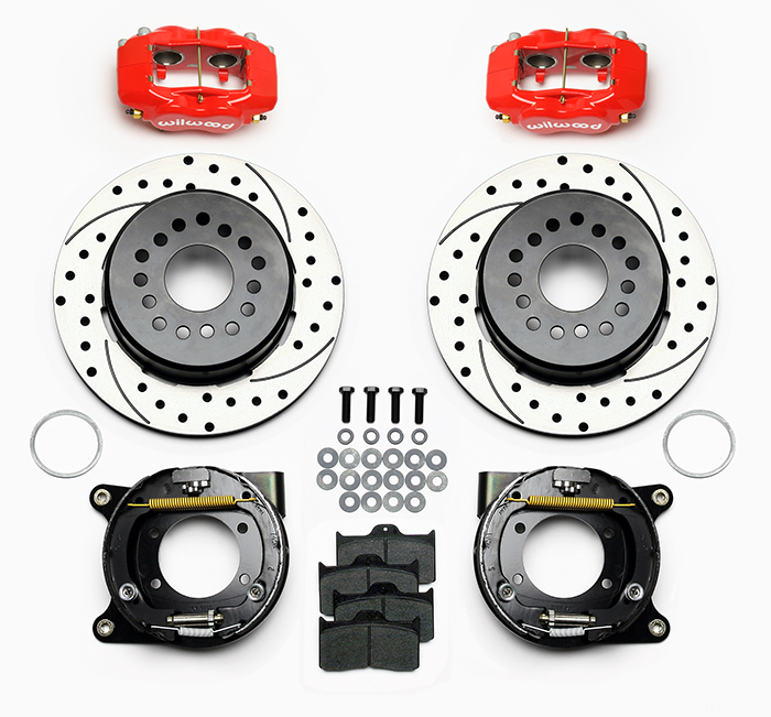 Wilwood Forged Dynalite Rear Parking Brake Kit Parts Laid Out - Red Powder Coat Caliper - SRP Drilled & Slotted Rotor