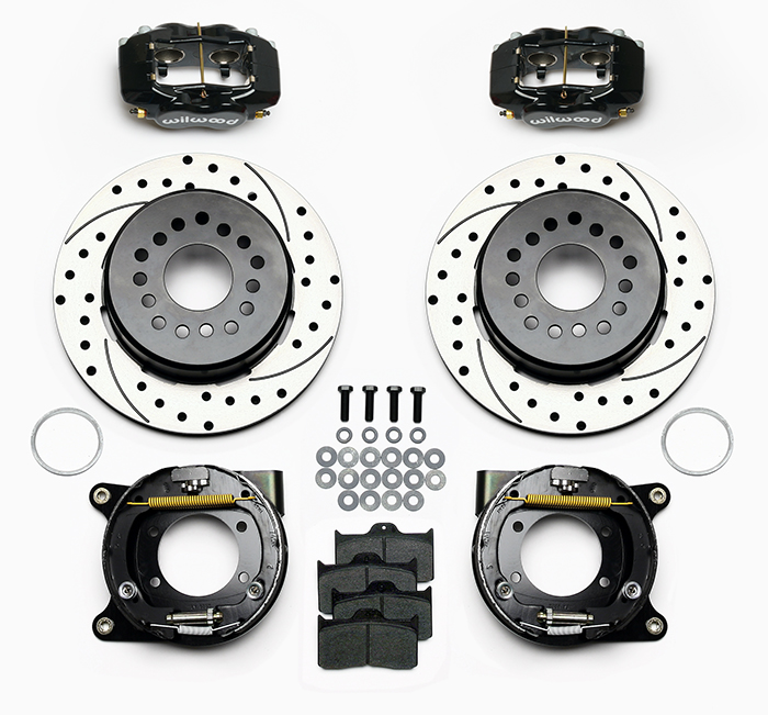 Wilwood Forged Dynalite Rear Parking Brake Kit Parts Laid Out - Black Powder Coat Caliper - SRP Drilled & Slotted Rotor