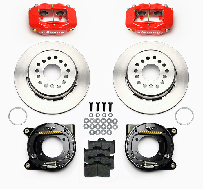 Wilwood Forged Dynalite Rear Parking Brake Kit Parts Laid Out - Red Powder Coat Caliper - Plain Face Rotor