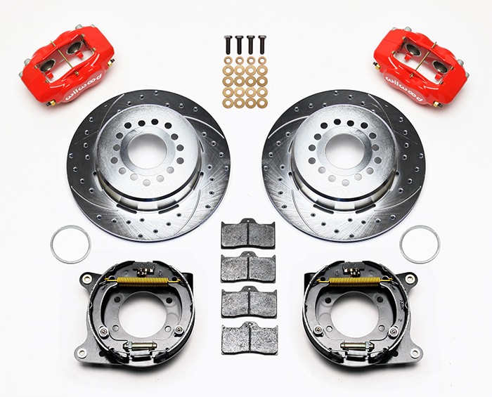 Wilwood Forged Dynalite Rear Parking Brake Kit Parts Laid Out - Red Powder Coat Caliper - SRP Drilled & Slotted Rotor