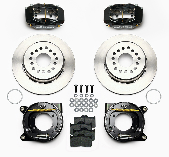 Wilwood Forged Dynalite Rear Parking Brake Kit Parts Laid Out - Black Powder Coat Caliper - Plain Face Rotor