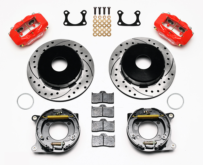 Wilwood Forged Dynalite Rear Parking Brake Kit Parts Laid Out - Red Powder Coat Caliper - SRP Drilled & Slotted Rotor