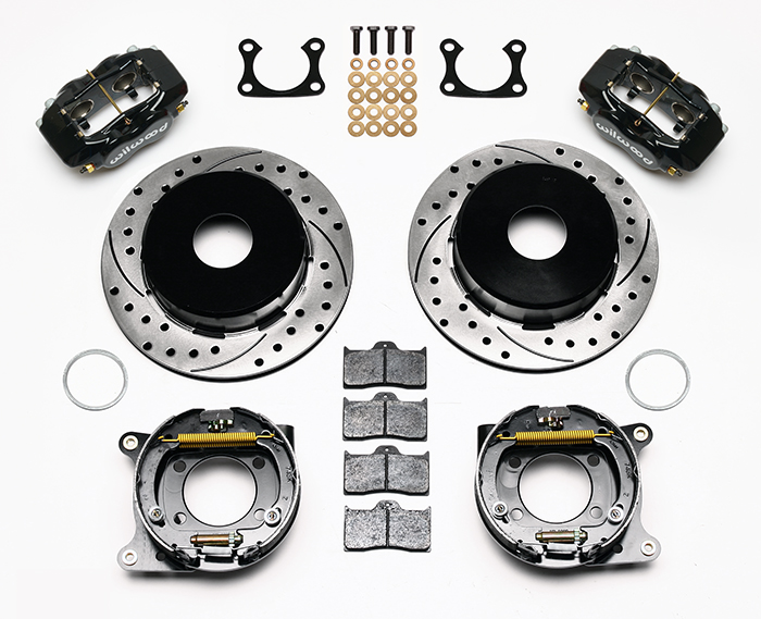 Wilwood Forged Dynalite Rear Parking Brake Kit Parts Laid Out - Black Powder Coat Caliper - SRP Drilled & Slotted Rotor