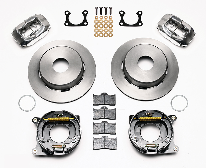 Wilwood Forged Dynalite Rear Parking Brake Kit Parts Laid Out - Polish Caliper - Plain Face Rotor