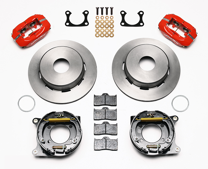 Wilwood Forged Dynalite Rear Parking Brake Kit Parts Laid Out - Red Powder Coat Caliper - Plain Face Rotor