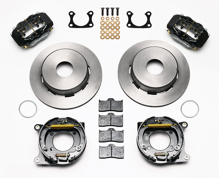 Wilwood Forged Dynalite Rear Parking Brake Kit Parts Laid Out - Black Powder Coat Caliper - Plain Face Rotor