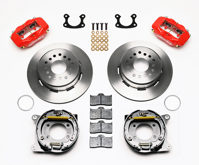 Wilwood Forged Dynalite Rear Parking Brake Kit Parts Laid Out - Red Powder Coat Caliper - Plain Face Rotor