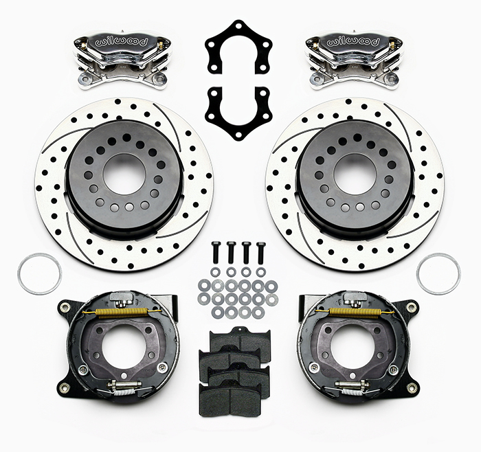 Wilwood Forged Dynalite Rear Parking Brake Kit Parts Laid Out - Polish Caliper - SRP Drilled & Slotted Rotor