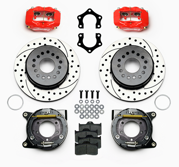 Wilwood Forged Dynalite Rear Parking Brake Kit Parts Laid Out - Red Powder Coat Caliper - SRP Drilled & Slotted Rotor