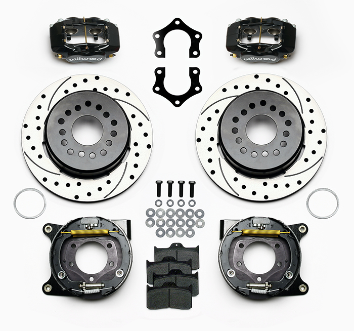 Wilwood Forged Dynalite Rear Parking Brake Kit Parts Laid Out - Black Powder Coat Caliper - SRP Drilled & Slotted Rotor