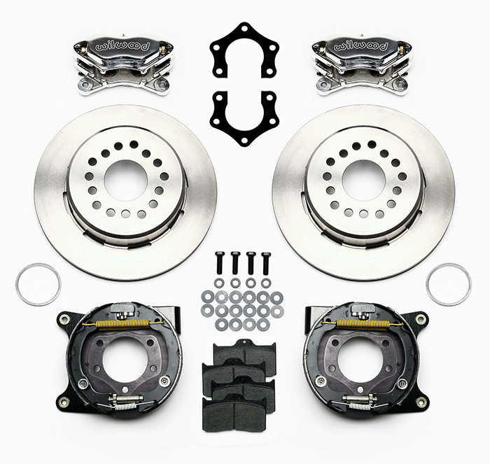 Wilwood Forged Dynalite Rear Parking Brake Kit Parts Laid Out - Polish Caliper - Plain Face Rotor