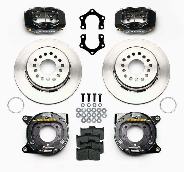 Wilwood Forged Dynalite Rear Parking Brake Kit Parts Laid Out - Black Powder Coat Caliper - Plain Face Rotor