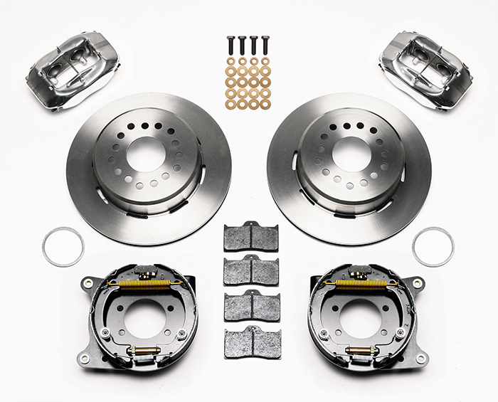 Wilwood Forged Dynalite Rear Parking Brake Kit Parts Laid Out - Polish Caliper - Plain Face Rotor