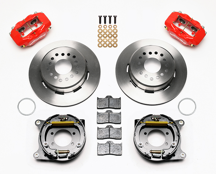 Wilwood Forged Dynalite Rear Parking Brake Kit Parts Laid Out - Red Powder Coat Caliper - Plain Face Rotor