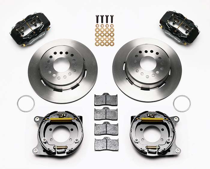 Wilwood Forged Dynalite Rear Parking Brake Kit Parts Laid Out - Black Powder Coat Caliper - Plain Face Rotor