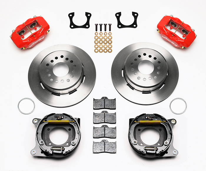 Wilwood Forged Dynalite Rear Parking Brake Kit Parts Laid Out - Red Powder Coat Caliper - Plain Face Rotor