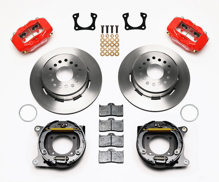 Wilwood Forged Dynalite Rear Parking Brake Kit Parts Laid Out - Black Powder Coat Caliper - Plain Face Rotor