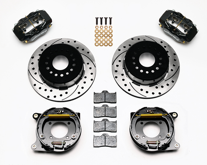 Wilwood Forged Dynalite Rear Parking Brake Kit Parts Laid Out - Black Powder Coat Caliper - SRP Drilled & Slotted Rotor