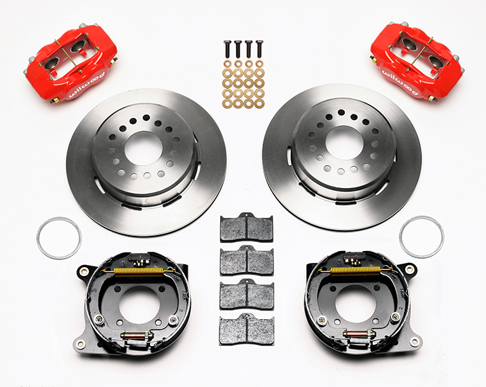 Wilwood Forged Dynalite Rear Parking Brake Kit Parts Laid Out - Red Powder Coat Caliper - Plain Face Rotor