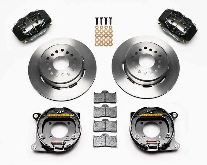 Wilwood Forged Dynalite Rear Parking Brake Kit Parts Laid Out - Black Powder Coat Caliper - Plain Face Rotor