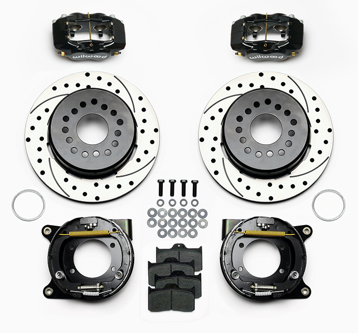 Wilwood Forged Dynalite Rear Parking Brake Kit Parts Laid Out - Black Powder Coat Caliper - SRP Drilled & Slotted Rotor