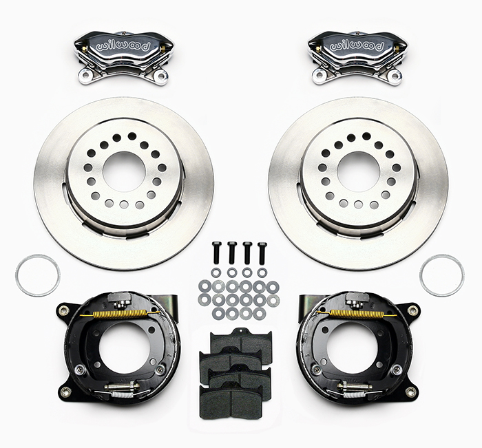 Wilwood Forged Dynalite Rear Parking Brake Kit Parts Laid Out - Polish Caliper - Plain Face Rotor