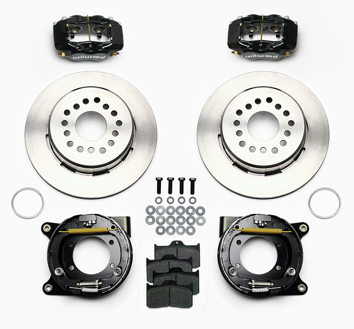 Wilwood Forged Dynalite Rear Parking Brake Kit Parts Laid Out - Black Powder Coat Caliper - Plain Face Rotor