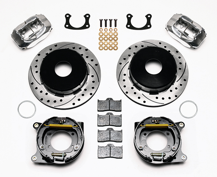 Wilwood Forged Dynalite Rear Parking Brake Kit Parts Laid Out - Polish Caliper - SRP Drilled & Slotted Rotor