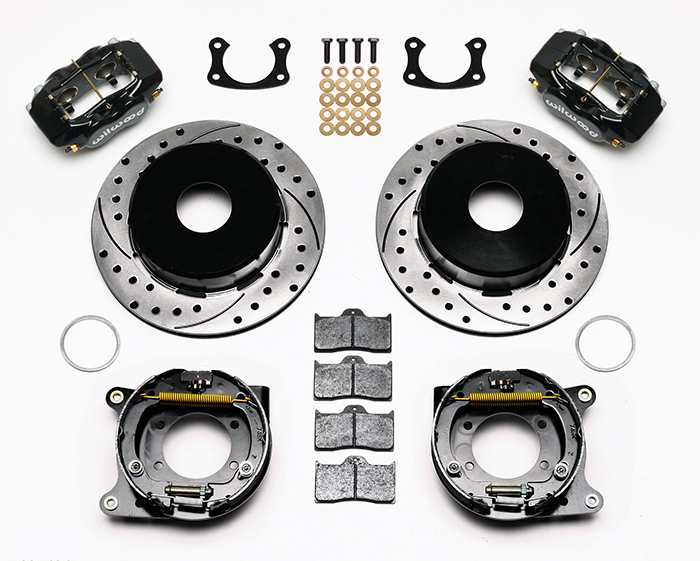 Wilwood Forged Dynalite Rear Parking Brake Kit Parts Laid Out - Black Powder Coat Caliper - SRP Drilled & Slotted Rotor