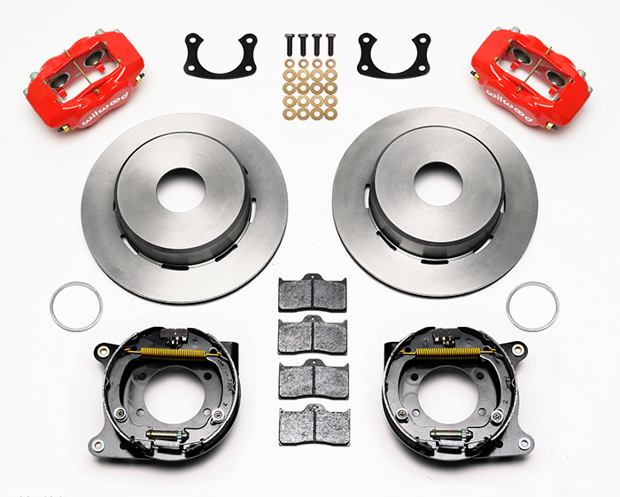 Wilwood Forged Dynalite Rear Parking Brake Kit Parts Laid Out - Red Powder Coat Caliper - Plain Face Rotor