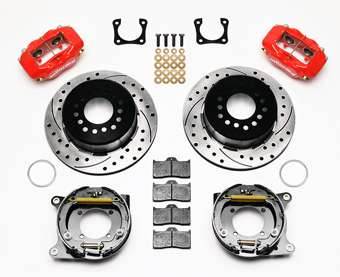 Wilwood Forged Dynalite Rear Parking Brake Kit Parts Laid Out - Red Powder Coat Caliper - SRP Drilled & Slotted Rotor