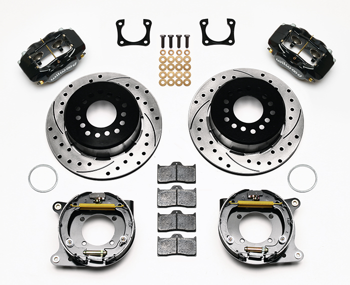 Wilwood Forged Dynalite Rear Parking Brake Kit Parts Laid Out - Black Powder Coat Caliper - SRP Drilled & Slotted Rotor