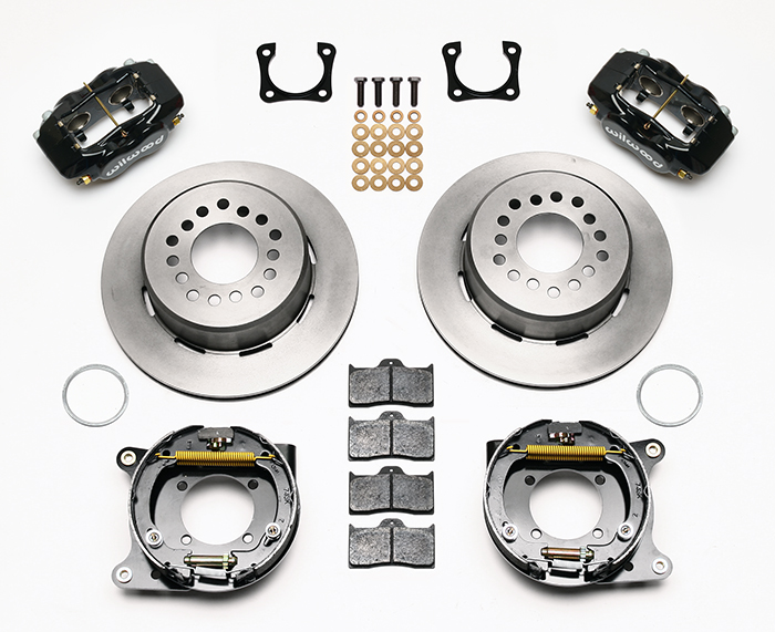 Wilwood Forged Dynalite Rear Parking Brake Kit Parts Laid Out - Black Powder Coat Caliper - Plain Face Rotor