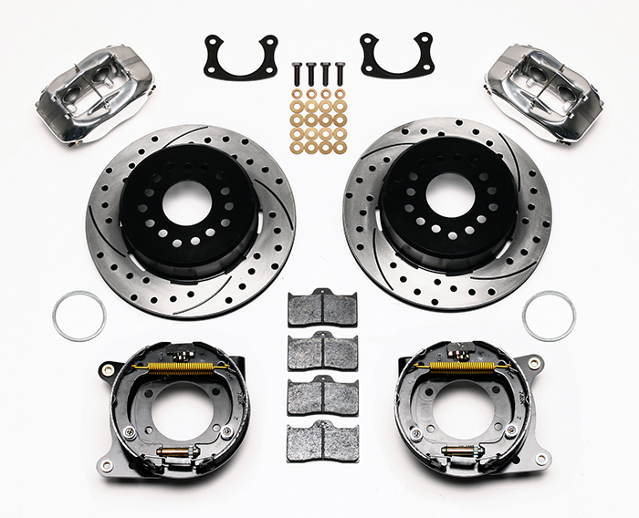 Wilwood Forged Dynalite Rear Parking Brake Kit Parts Laid Out - Polish Caliper - SRP Drilled & Slotted Rotor