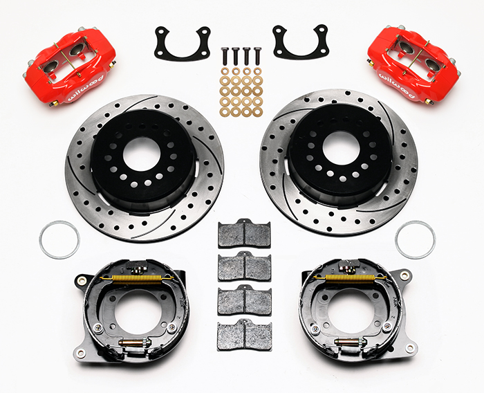 Wilwood Forged Dynalite Rear Parking Brake Kit Parts Laid Out - Red Powder Coat Caliper - SRP Drilled & Slotted Rotor