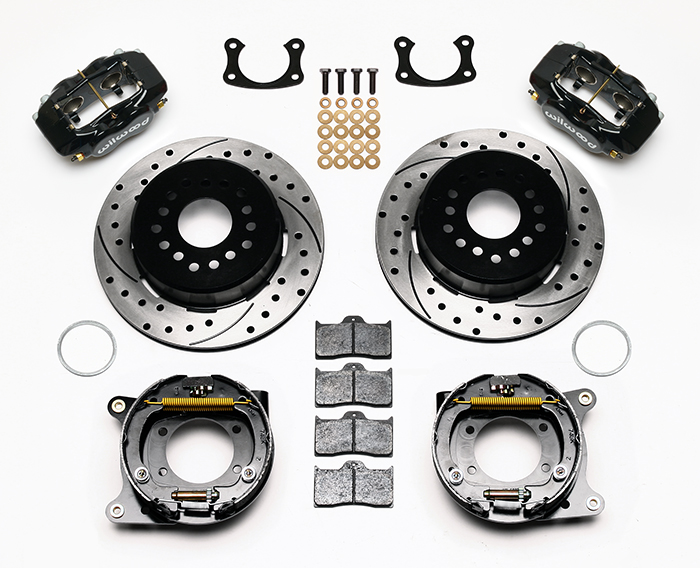 Wilwood Forged Dynalite Rear Parking Brake Kit Parts Laid Out - Black Powder Coat Caliper - SRP Drilled & Slotted Rotor