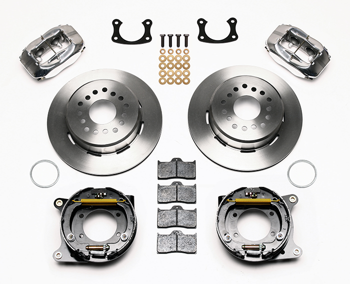 Wilwood Forged Dynalite Rear Parking Brake Kit Parts Laid Out - Polish Caliper - Plain Face Rotor