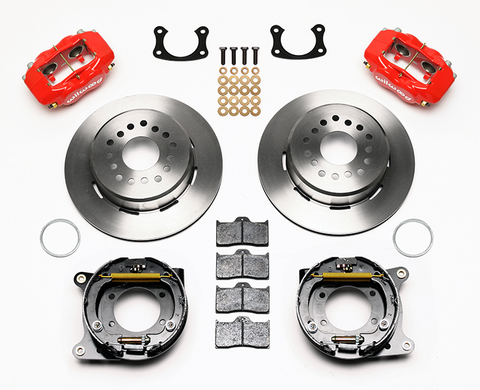 Wilwood Forged Dynalite Rear Parking Brake Kit Parts Laid Out - Red Powder Coat Caliper - Plain Face Rotor