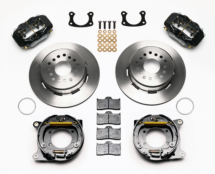 Wilwood Forged Dynalite Rear Parking Brake Kit Parts Laid Out - Black Powder Coat Caliper - Plain Face Rotor