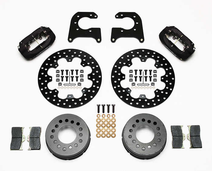 Wilwood Forged Dynalite Dynamic Rear Drag Brake Kit Parts Laid Out - Type III Anodize Caliper - Drilled Rotor