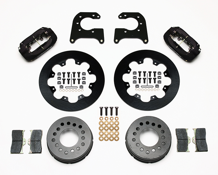 Wilwood Forged Dynalite Dynamic Rear Drag Brake Kit Parts Laid Out - Type III Anodize Caliper - Plain Face Rotor