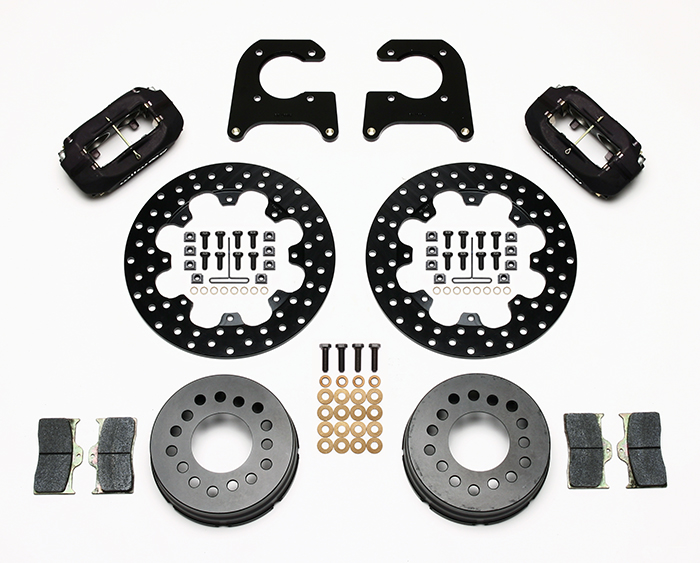 Wilwood Forged Dynalite Dynamic Rear Drag Brake Kit Parts Laid Out - Type III Anodize Caliper - Drilled Rotor