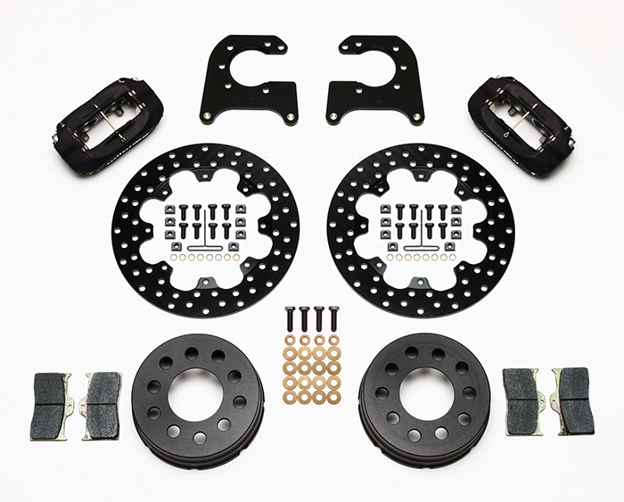 Wilwood Forged Dynalite Dynamic Rear Drag Brake Kit Parts Laid Out - Type III Anodize Caliper - Drilled Rotor