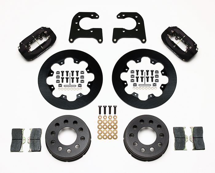 Wilwood Forged Dynalite Dynamic Rear Drag Brake Kit Parts Laid Out - Type III Anodize Caliper - Plain Face Rotor